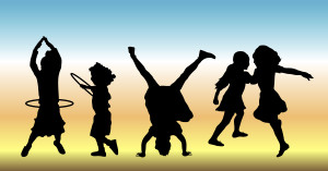 silhouettes of five children doing various play time activities