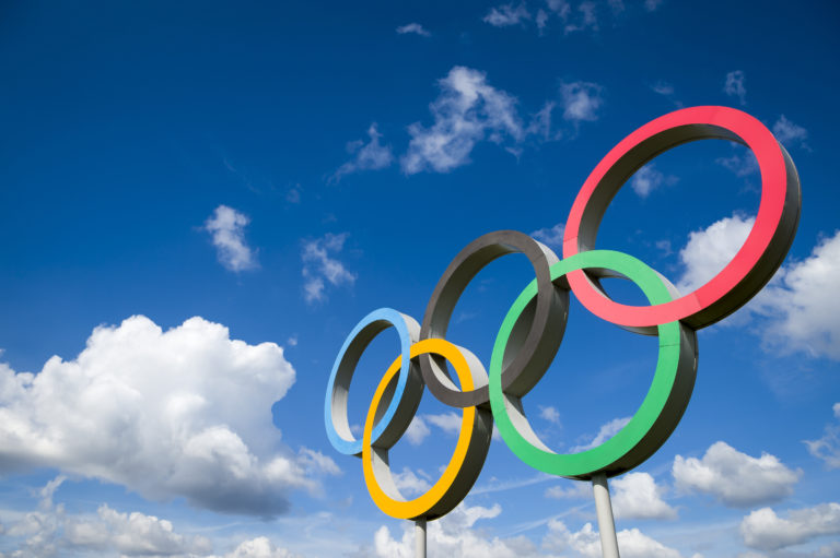 LONDON - APRIL 19, 2019: A large set of Olympic Rings stand under ...